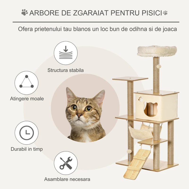 PawHut Ansamblu de Joaca pentru pisici Compac pisici de joaca si de zgariet, Lemn/Plush, 60 x 40 x 130 cm, Galben