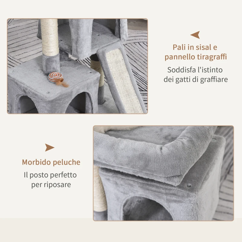PawHut Albero Tiragraffi per Gatti con Pali in Sisal, Lettino e 2 Casette, 59x39x83cm, Grigio