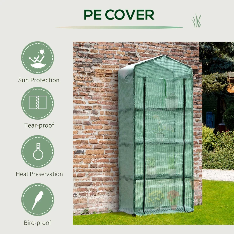 Outsunny 4 Tier Mini Greenhouse, Portable Green House with Steel Frame, PE Cover, Roll-up Door, 70 x 50 x 160 cm, Dark Green