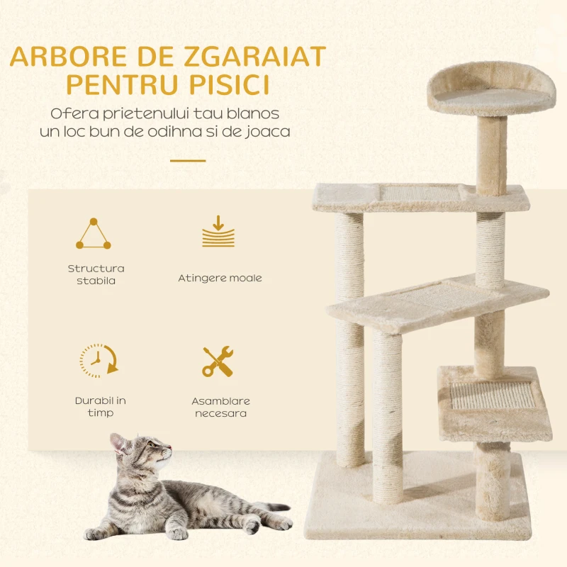 PawHut Ansamblu de joaca pentru Pisici pe mai multe niveluri Stalp de zgariat din Sisal Platforme si Cusca