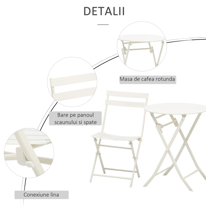 Outsunny Masuta cu Scaune de Gradina Pliabile din Otel Alba Set 3 Piese