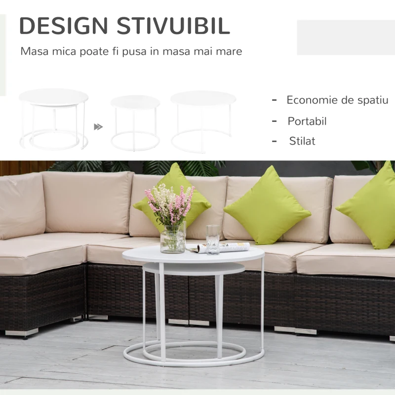 Outsunny Set 2 Masute de Salon s Gradina Se Stivuiesc din Fier, Alb