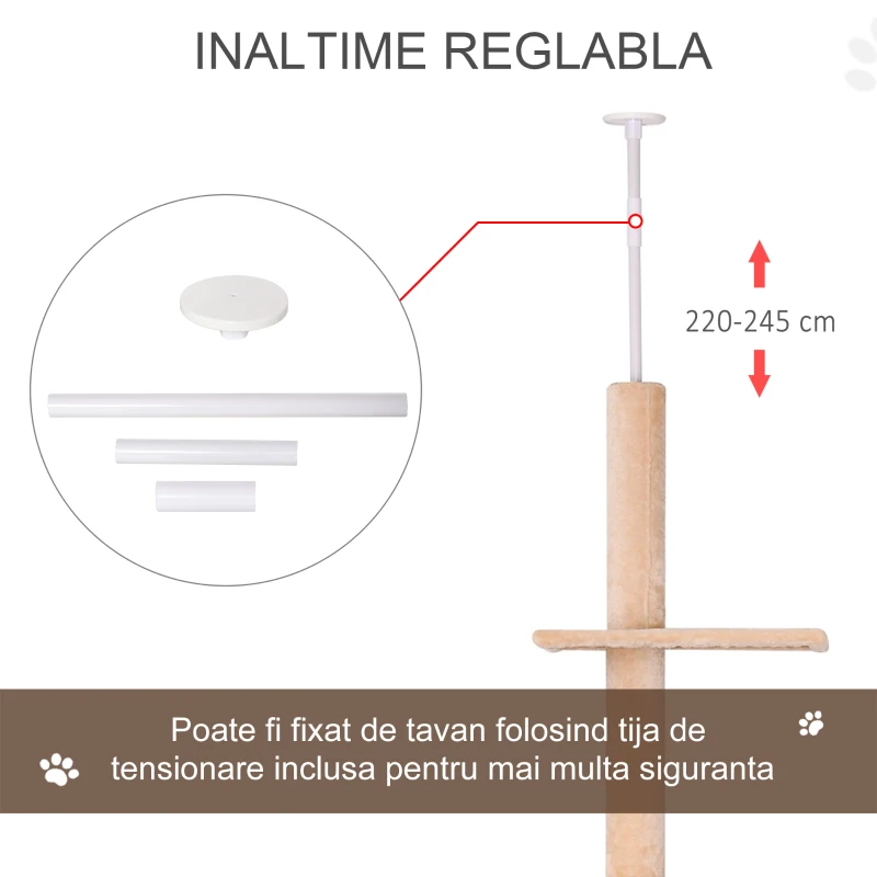 PawHut Stalp de zgariat de Pod pe mai multe Niveluri 210-240cm cu franghie din Iuta Bej