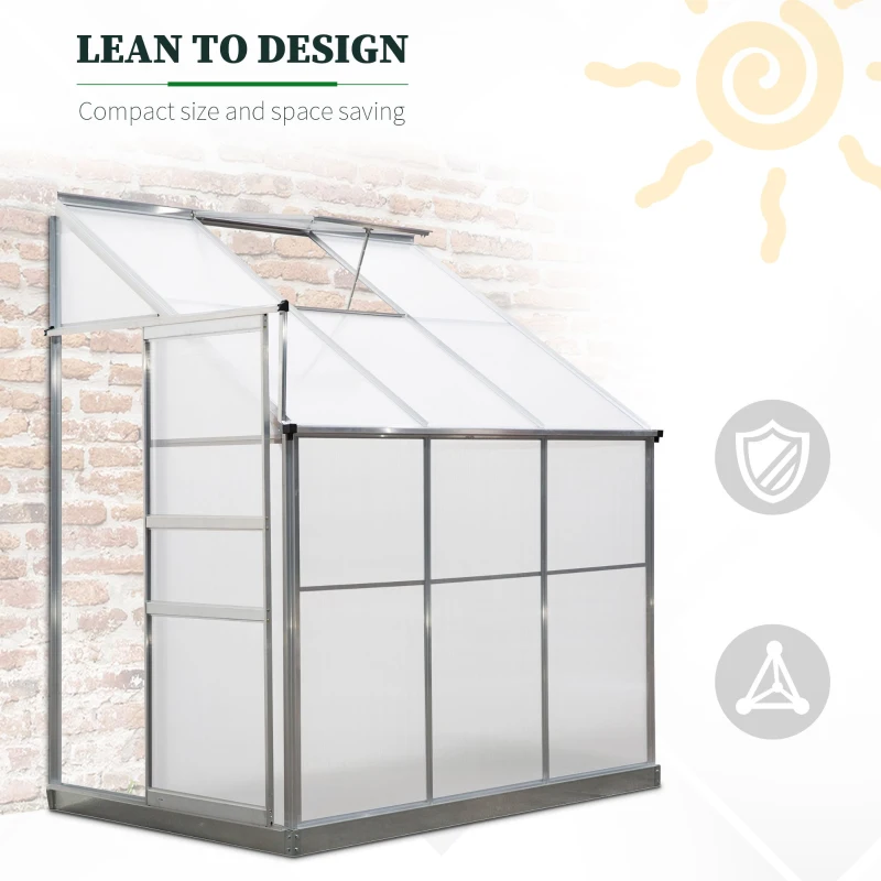 Outsunny 6 X 4ft Walk-In Lean to Greenhouse Garden Heavy Duty Aluminium Polycarbonate with Roof Vent for Plants Herbs Vegetables, Silver