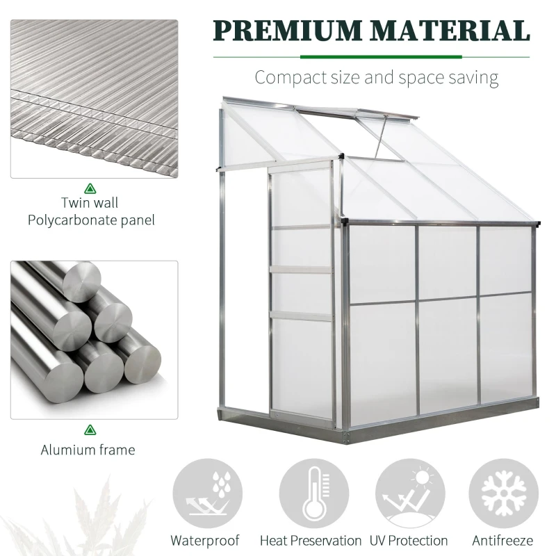 Outsunny 6 X 4ft Walk-In Lean to Greenhouse Garden Heavy Duty Aluminium Polycarbonate with Roof Vent for Plants Herbs Vegetables, Silver