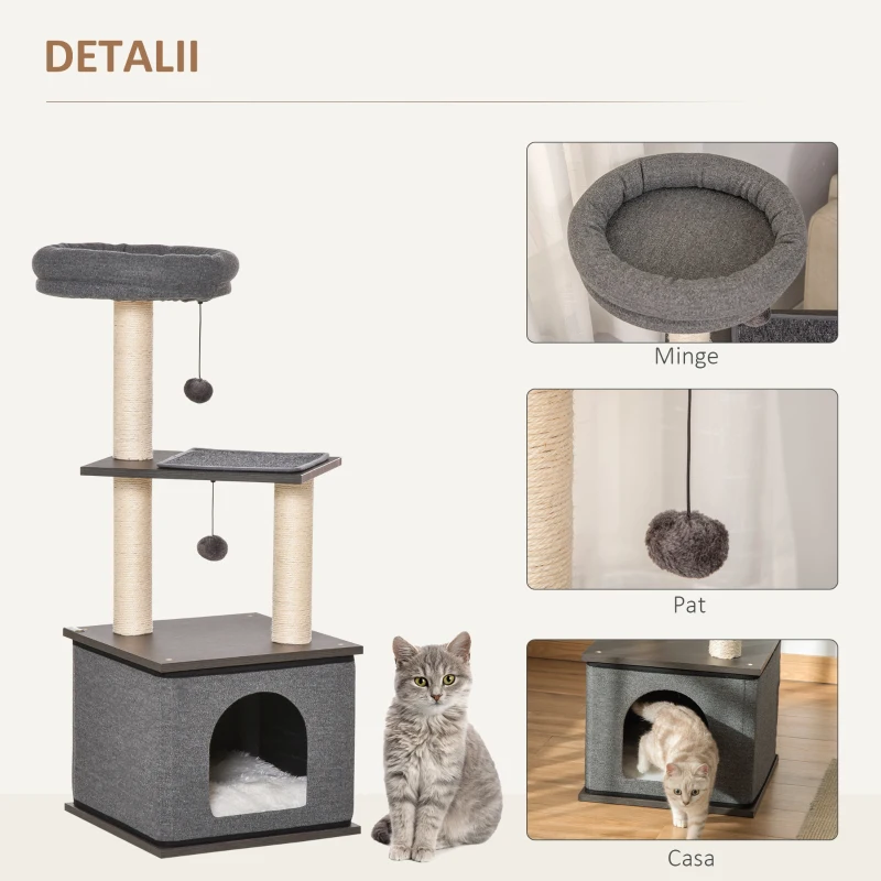 PawHut Arbore de zgariat pentru Pisici cu Casuta, Patut si Stalpi din Sisal, 40x40x104cm, Gri