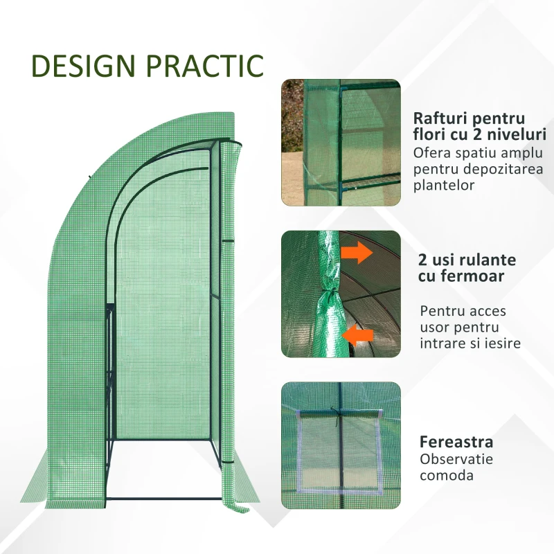 Outsunny Sera de Perete cu 2 Rafturi pentru Plante si Flori din Otel si PE, 200x100x213cm - Verde