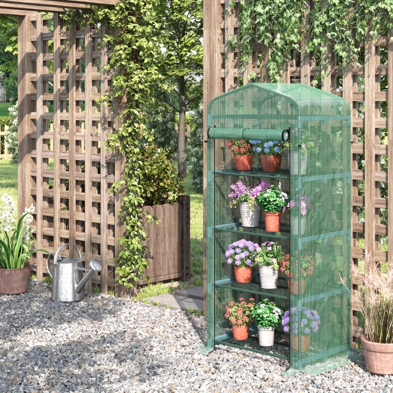 Outsunny 4 Tier Mini Greenhouse, Portable Green House with Steel Frame, PE Cover, Roll-up Door, 70 x 50 x 160 cm, Dark Green