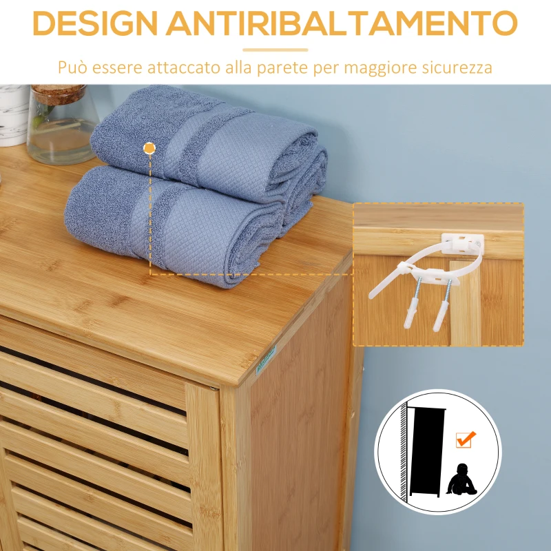 kleankin Mobile Bagno Moderno a 2 Ante con 2 Ripiani Ventilati in Bambù, 68x32x86 cm, color Legno