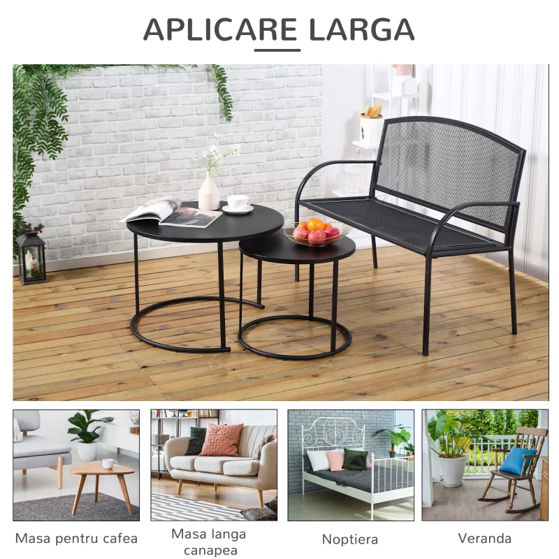 Outsunny Set 2 Masute pentru Living si Gradina Suprapuse din Fier, Negru