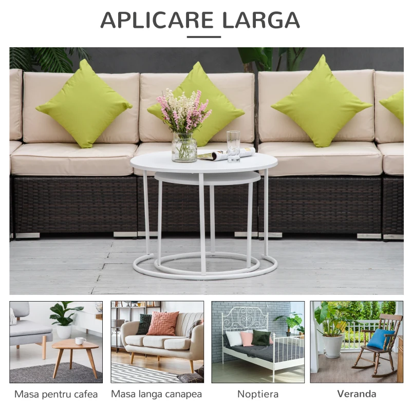 Outsunny Set 2 Masute de Salon s Gradina Se Stivuiesc din Fier, Alb