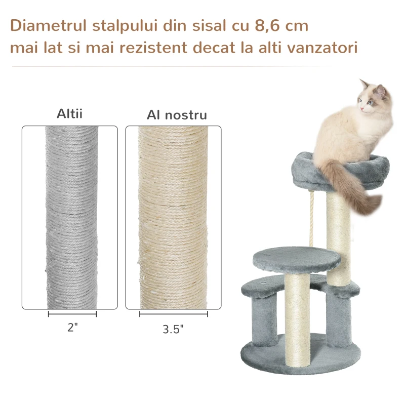 PawHut Ansamblu pentru Pisici cu 3 Niveluri din Plus Sisal Natural Gri Ф40x65cm