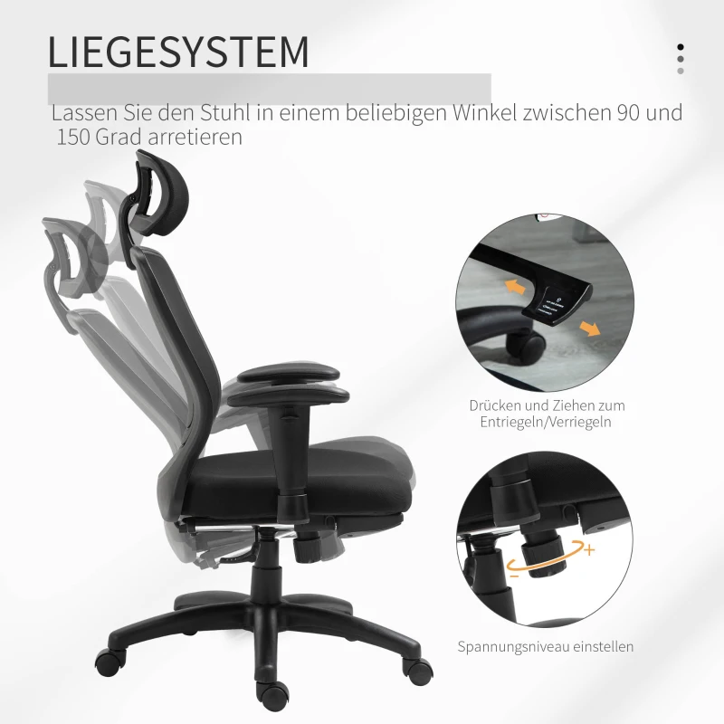 Vinsetto Bürostuhl Schreibtischstuhl Computerstuhl PC Stuhl Home-Office-Stuhl mit Wippenfunktion Kopflehne Fußstütze höhenverstellbar ergonomisch 360°-Drehräder PU Mesh Schwarz 68x72x110-118 cm