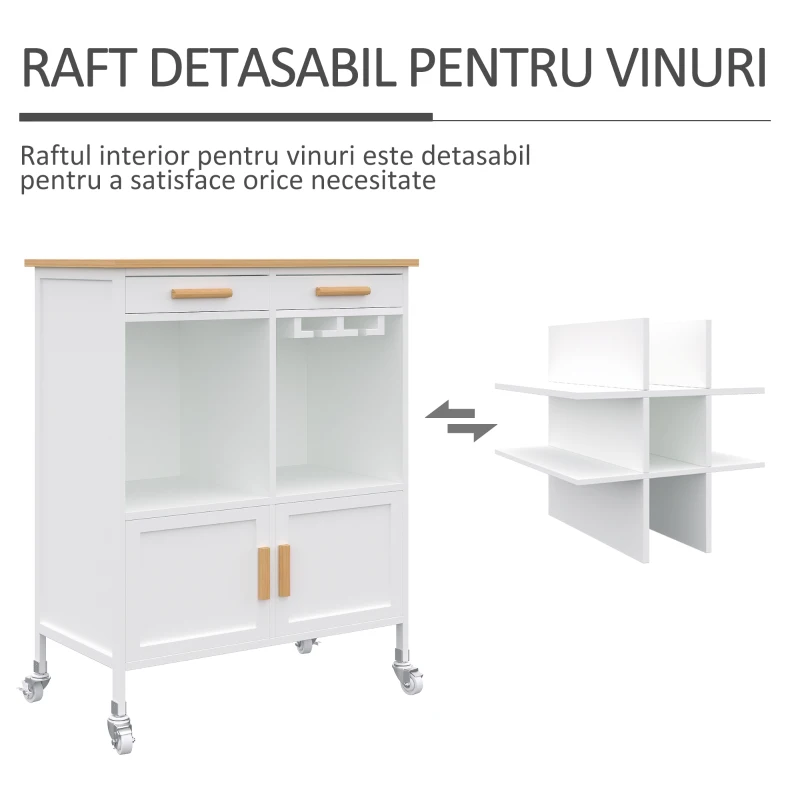 HOMCOM Mobiler de Bucătărie cu Roți, Suport de Pahare și Sticle din Bambus, 76x40x88cm