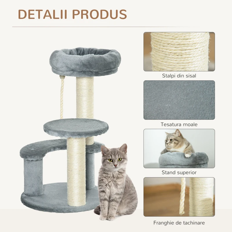 PawHut Ansamblu pentru Pisici cu 3 Niveluri din Plus Sisal Natural Gri Ф40x65cm