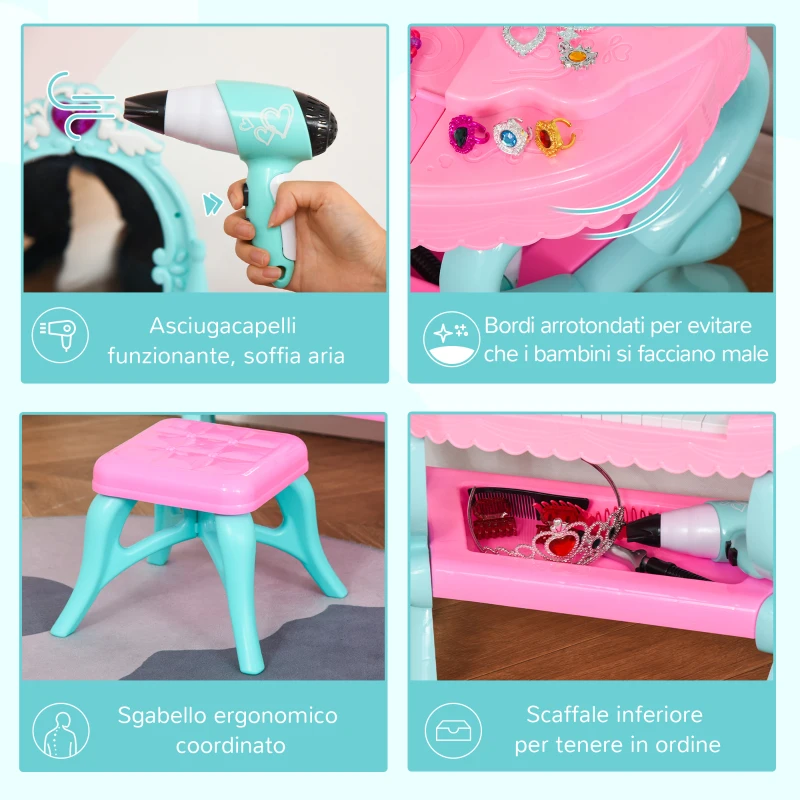 HOMCOM Set 2 in 1 da 32pz per Bambine 3-6 Anni, Tavolo per Trucco con Accessori e Pianoforte, 49.5x23x66 cm, Blu e Rosa