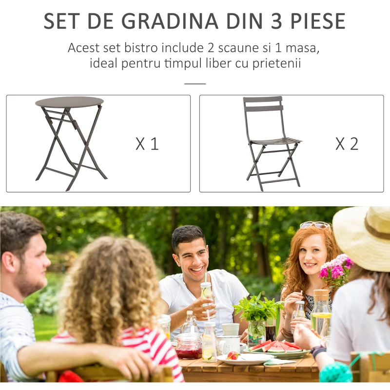 Outsunny Masuta cu Scaune pentru Gradina Pliabile din Otel Maro Set 3 piese