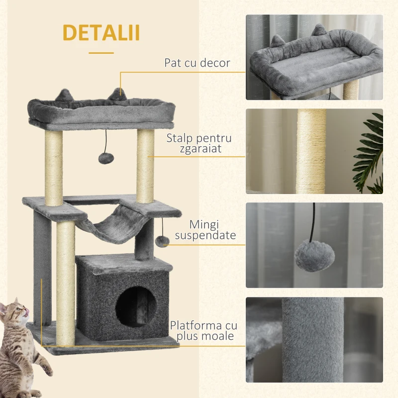 PawHut Ansamblu pentru Pisici, Centru de Activitati pentru Pisici, 48x48x100 cm, Gri