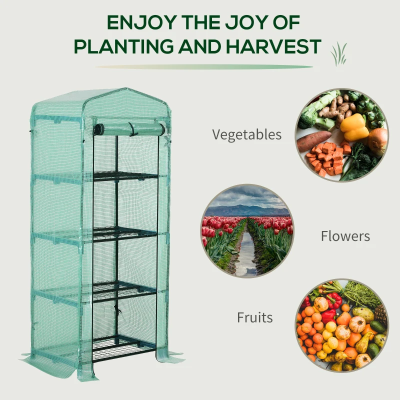 Outsunny 4 Tier Mini Greenhouse, Portable Green House with Steel Frame, PE Cover, Roll-up Door, 70 x 50 x 160 cm, Dark Green