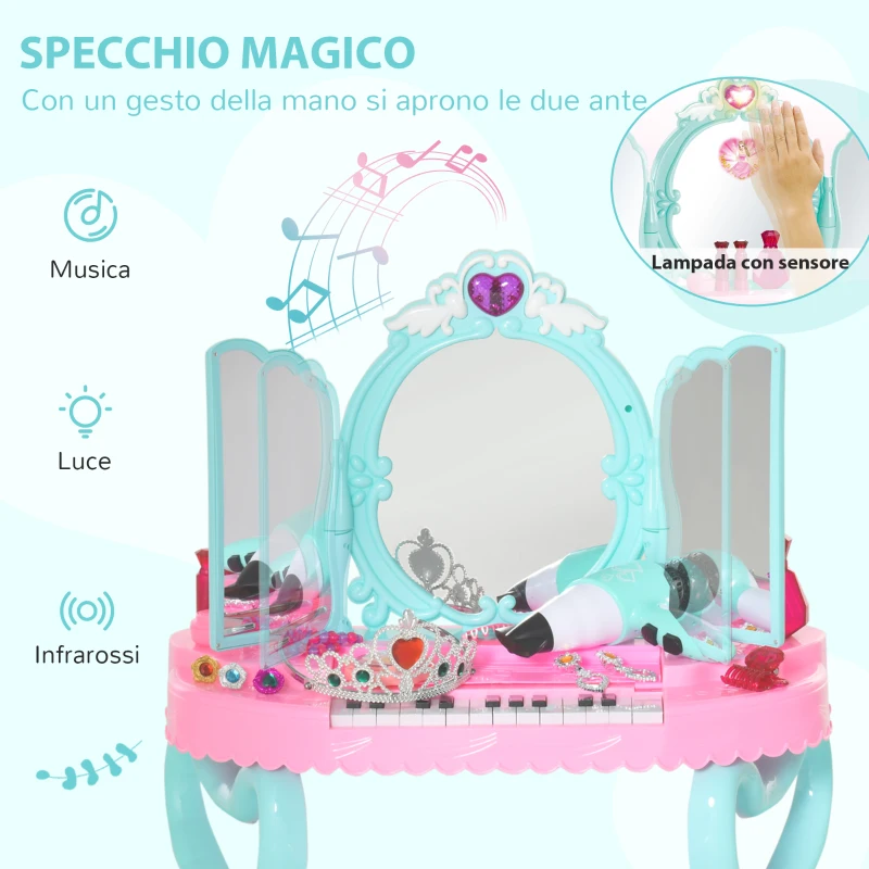 HOMCOM Set 2 in 1 da 32pz per Bambine 3-6 Anni, Tavolo per Trucco con Accessori e Pianoforte, 49.5x23x66 cm, Blu e Rosa
