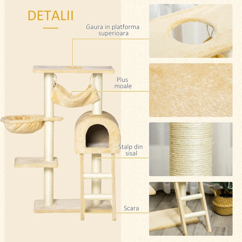 Stalp de zgariat pentru Pisici cu mai multe niveluri PawHut cu Hamac si Casuta, Franghii din Sisal Natural, 55 × 30 × 100 cm