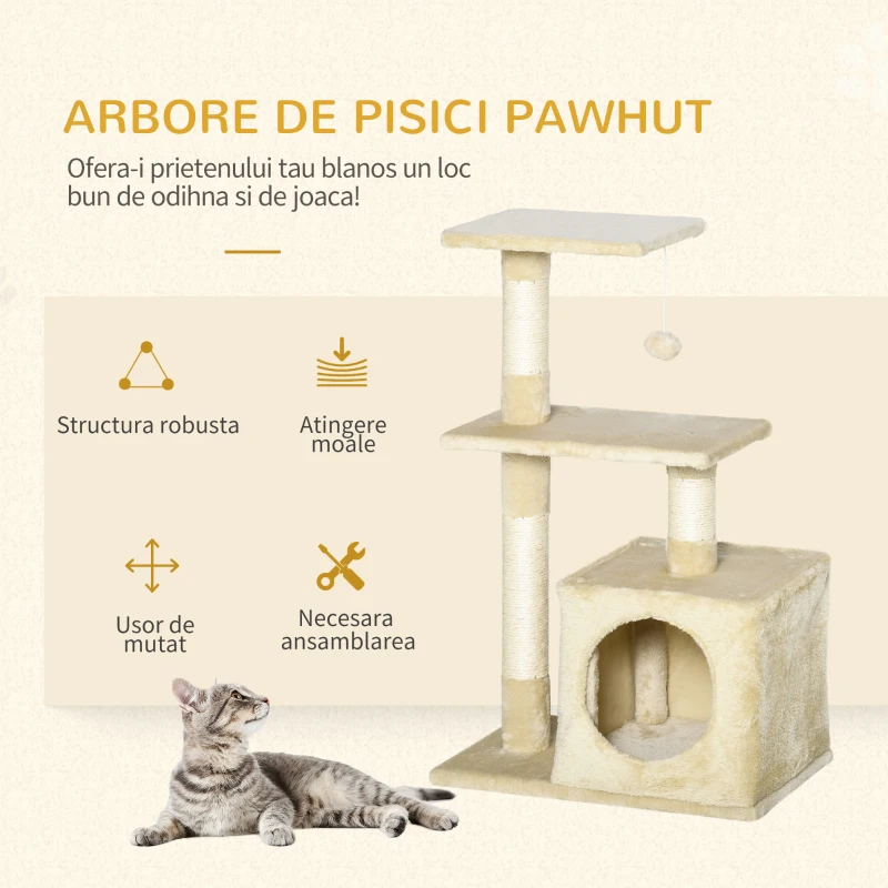 PawHut Centru de activitati cu spatiu pentru zgariat si culcus pentru pisici minge sfoara din sisal plus din lemn bej