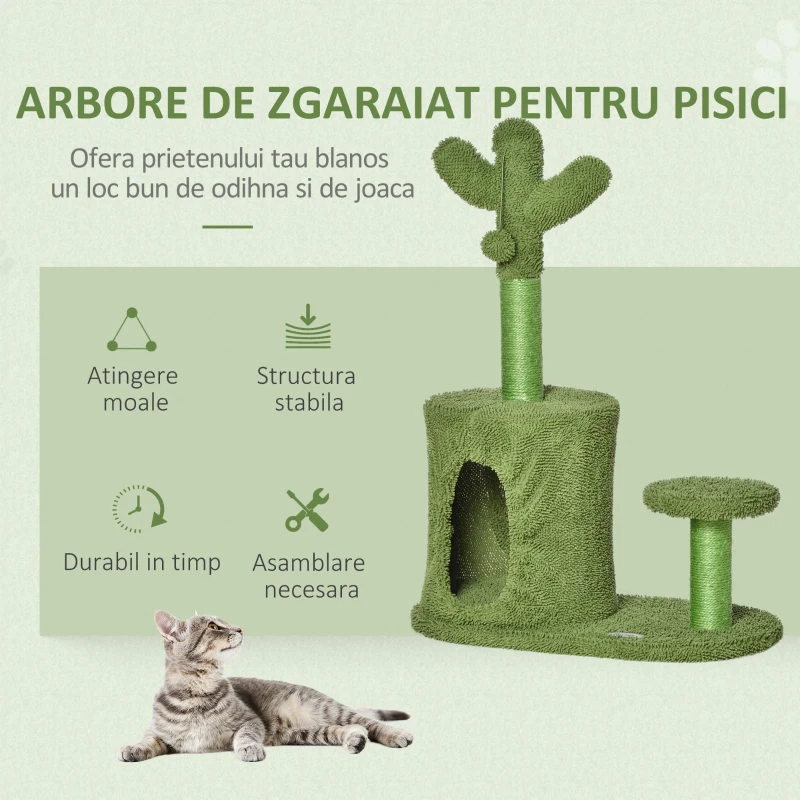 PawHut Arbore de Zgariat pentru Pisici pana la 4,5 kg in Forma de Cactus cu Mingii si Culcus, 60x35x78cm - Verde