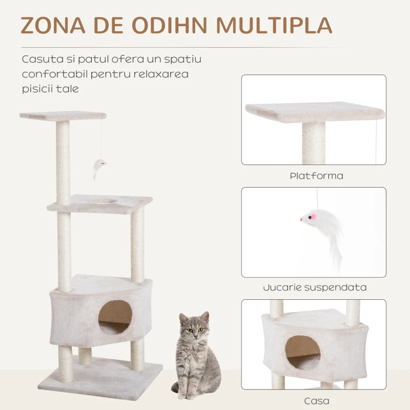 PawHut Ansamblu pentru Pisici 3 Niveluri, Crem, 49x48x130cm