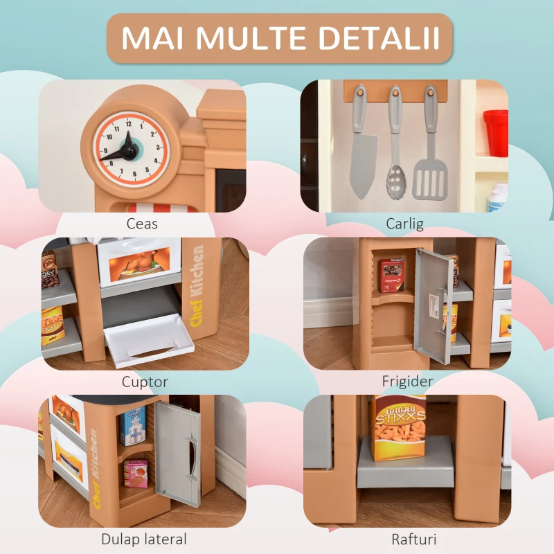 HOMCOM Bucatarie pentru Copii 3-6 Ani 58 Accesorii Aragaz cu Sunete si Chiuveta