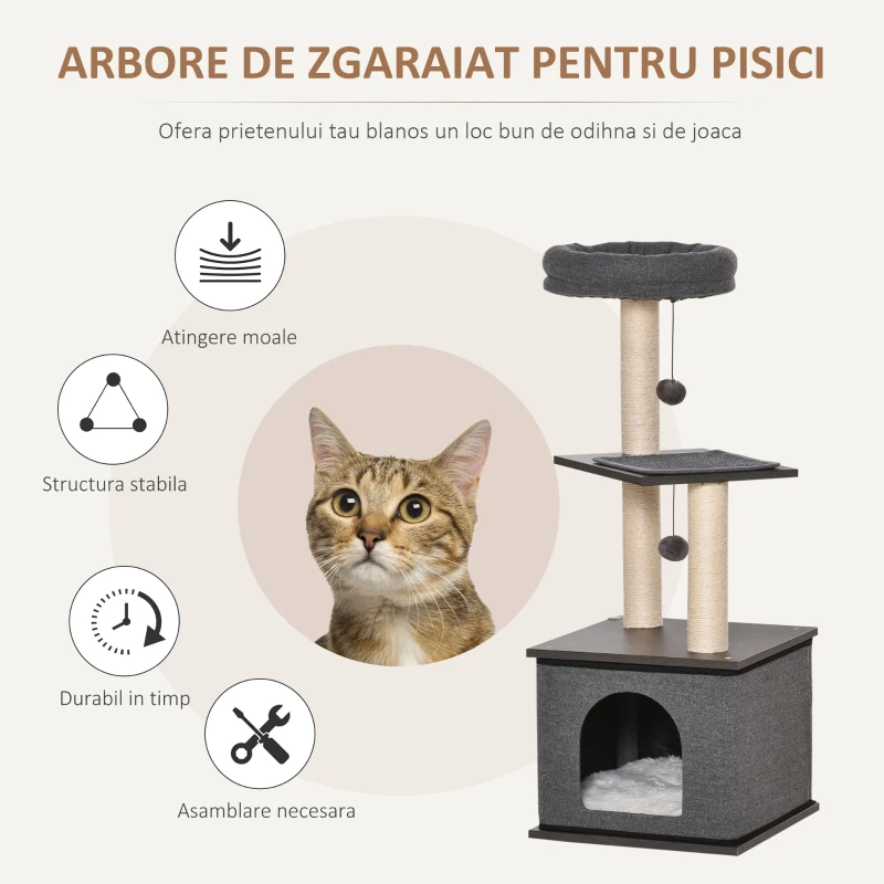 PawHut Arbore de zgariat pentru Pisici cu Casuta, Patut si Stalpi din Sisal, 40x40x104cm, Gri