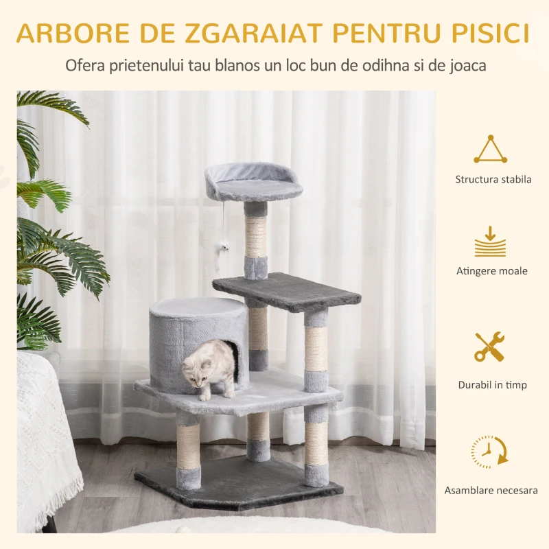 PawHut Ansamblu pentru Pisici cu 3 Niveluri cu Soricel Gri, 48x48x100cm