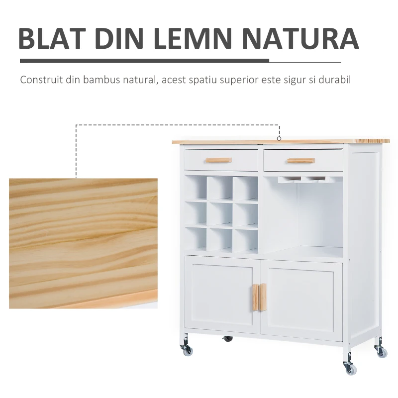 HOMCOM Mobiler de Bucătărie cu Roți, Suport de Pahare și Sticle din Bambus, 76x40x88cm