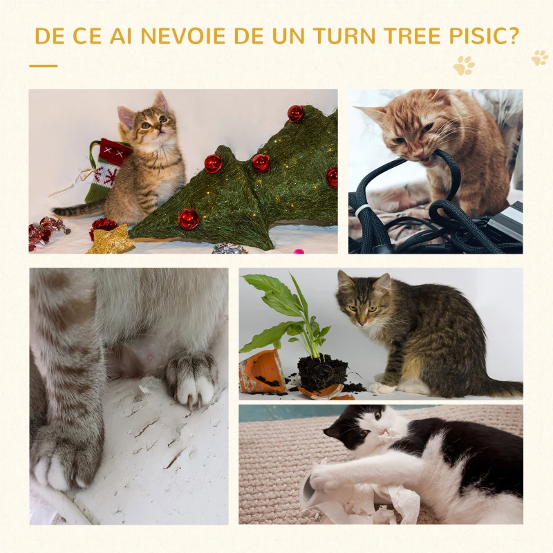 PawHut Ansamblu de joaca pentru Pisici pe mai multe niveluri Stalp de zgariat din Sisal Platforme si Cusca
