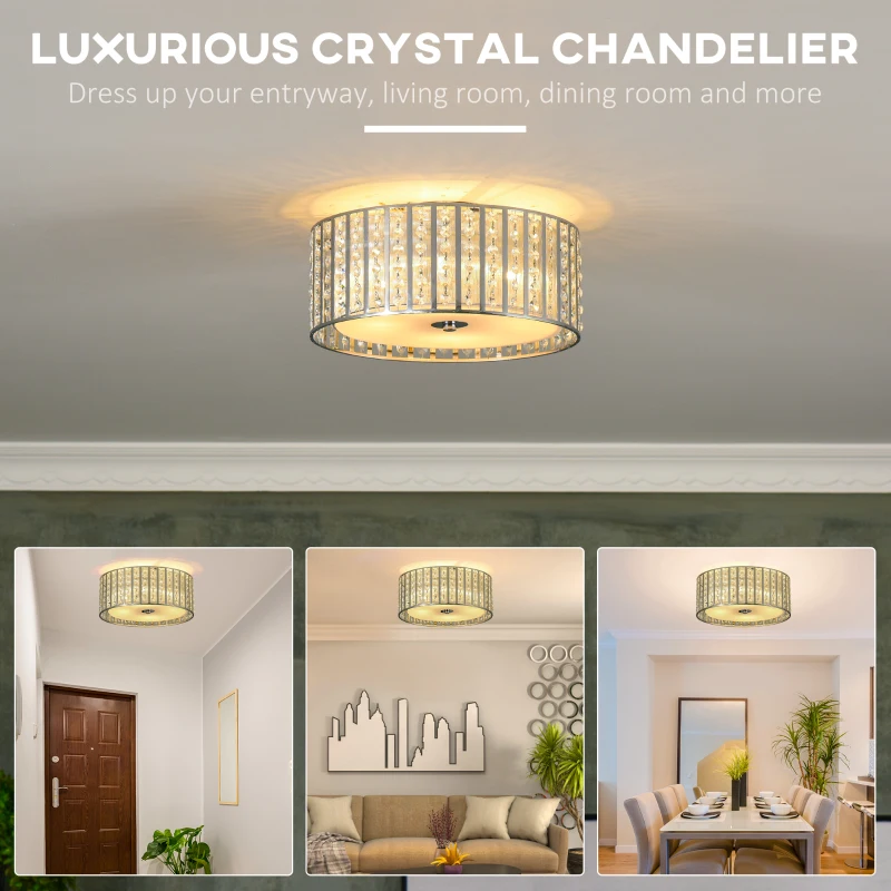 HOMCOM Modern K9 Crystal Chandelier Ceiling Light with Double Layer Lampshade, Round Pendant Light for Living Room, Bedroom, 4 G9 Bulbs Required, Φ35 cm