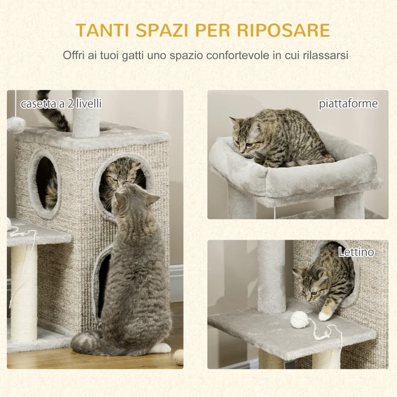 PawHut Tiragraffi per Gatti da 5kg max con Lettino e Pallina da Gioco, in Truciolato, Peluche e Sisal, 60x40x91 cm
