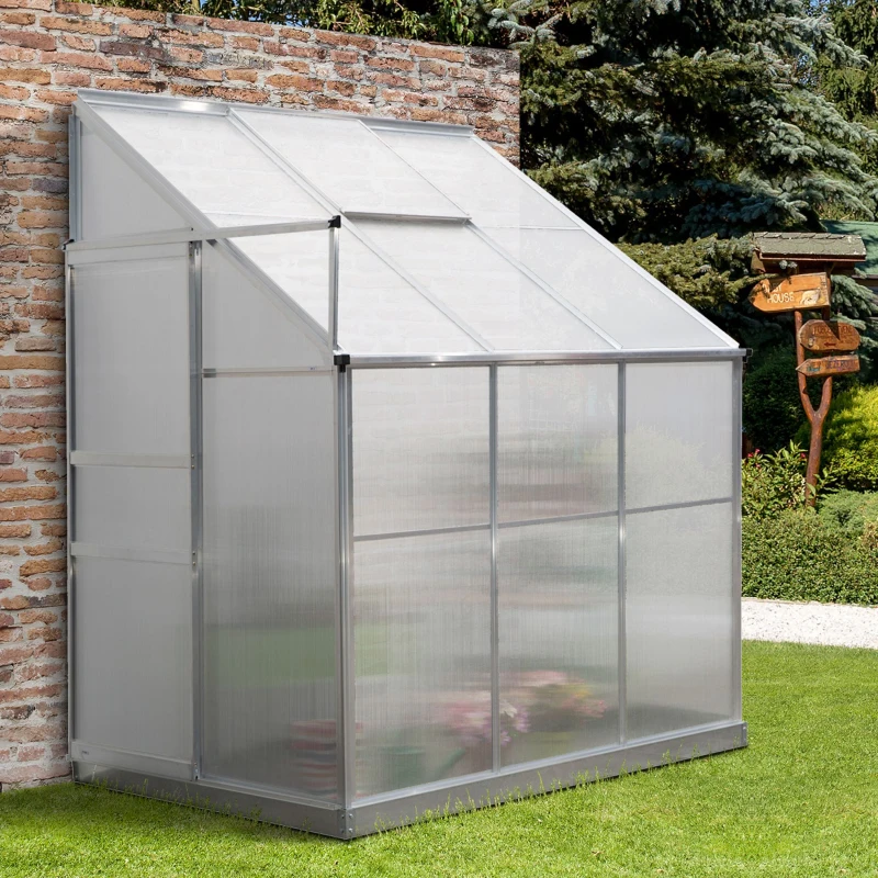 Outsunny 6 X 4ft Walk-In Lean to Greenhouse Garden Heavy Duty Aluminium Polycarbonate with Roof Vent for Plants Herbs Vegetables, Silver