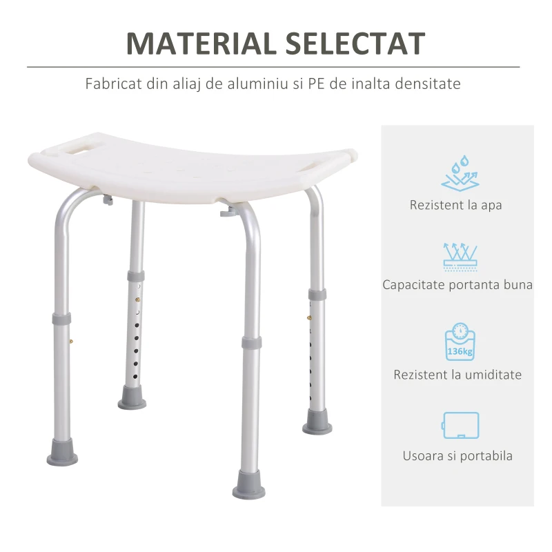 HOMCOM scaun pentru dus, antialunecare, 50x36x39.5-56.5cm