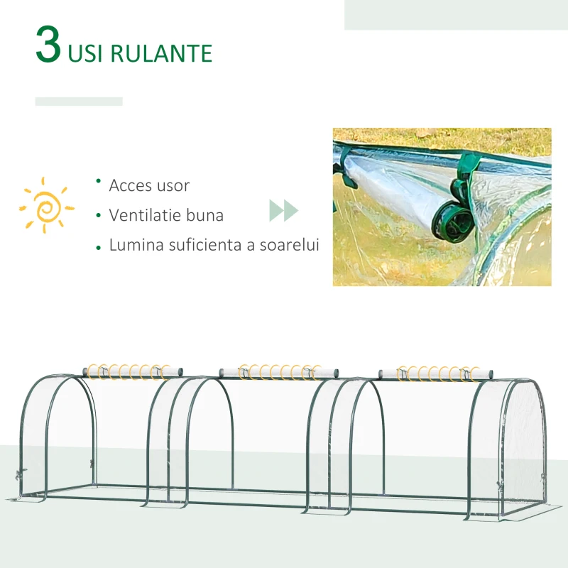 Outsunny sera de gradina, 3 porti, otel si PVC, 300x100x80cm