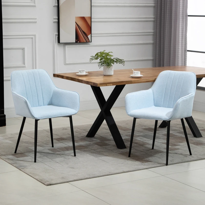 HOMCOM Conjunto de 2 Cadeiras de Sala de Jantar Estofadas em Linho com Encosto e Pés de Metal 59,5x56,5x81 cm Azul