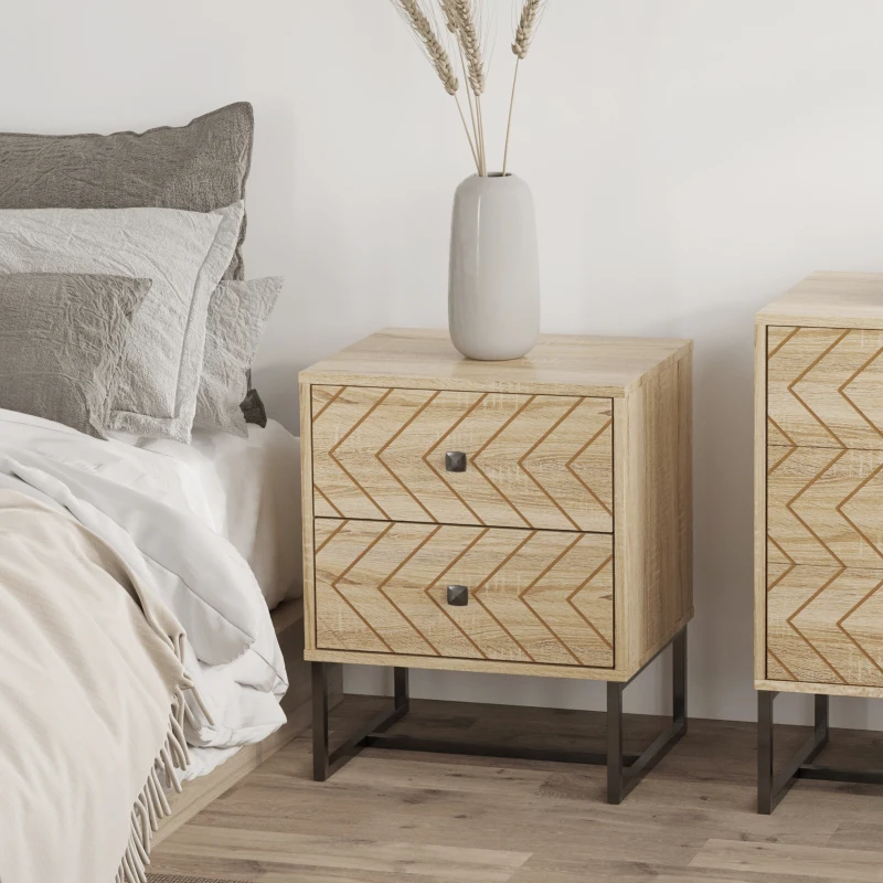 HOMCOM Bedside Table, Modern Nightstand with 2 Drawers, Zig Zag Design, Bedroom Night Table, Natural