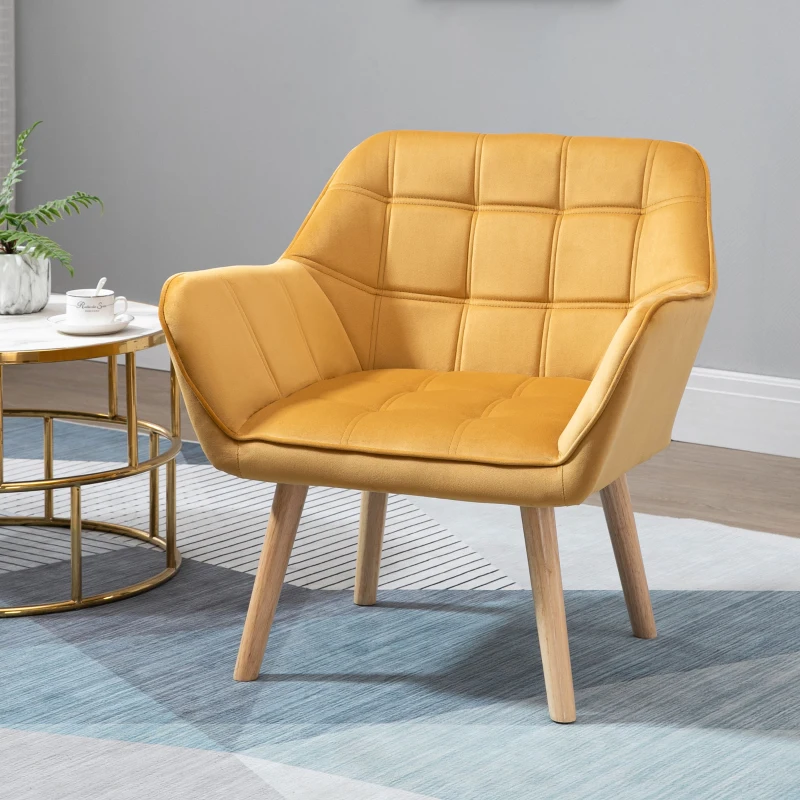 HOMCOM Modern Armchair, Accent Chair with Wide Arms, Slanted Back and Rubber Wood Legs for Living Room, Bedroom, Home Office Yellow