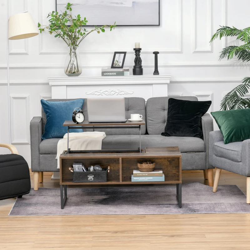 HOMCOM Lift Top Coffee Table, Industrial Coffee Table with Hidden Storage, Drawer and 2 Compartments, Extendable Living Room Table with Metal Frame, Rustic Brown