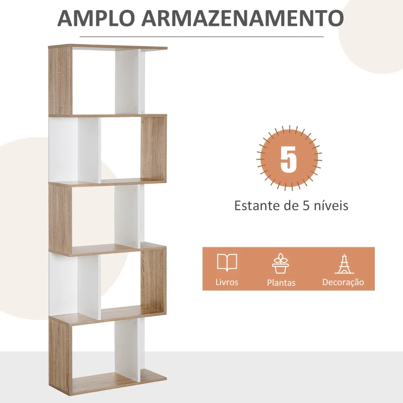 HOMCOM Estante para Livros Estante Alta de Parede com 5 Níveis em Forma de S Desenho Moderno 60x24x184,5cm Branco e Madeira