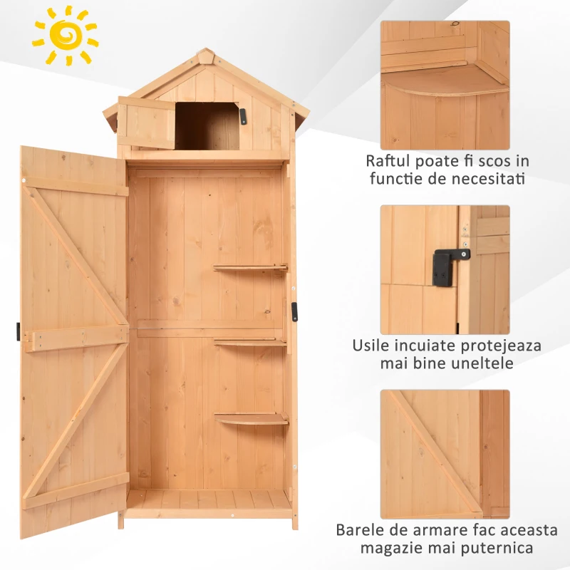Outsunny Dulap de Gradina Extern Pentru Scule Ustensile in Lemn cu 3 Rafturi Acoperis Impermeabil 77 × 54.2 × 179cm Lemn Natural