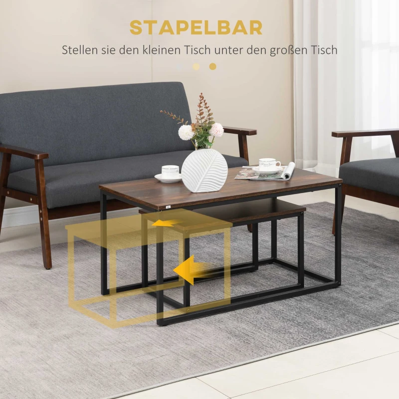 HOMCOM 2er-Set Couchtische im Industriedesign, stapelbar, 90 cm x 48 cm x 49 cm, Schwarz + Braun