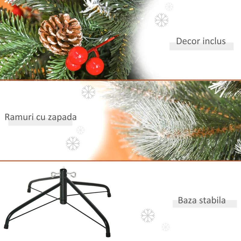 HOMCOM Brad de Craciun cu zapada cu fructe si conuri de brad, baza detasabila Φ75x150cm