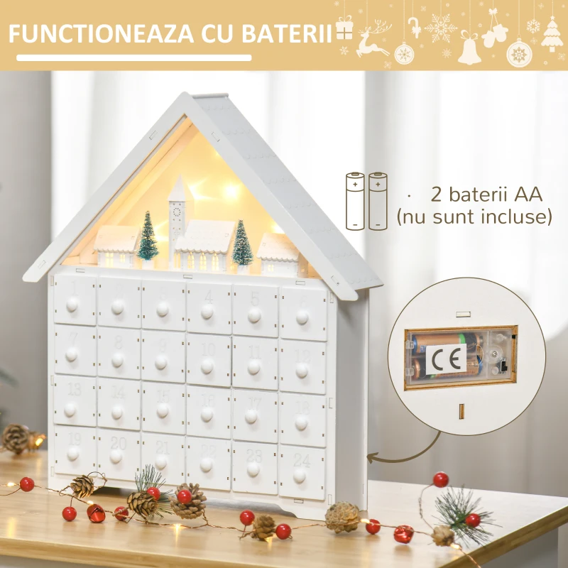 HOMCOM Calendar de Advent din Lemn 24 de Sertare Satul de Craciun cu Brazi si Lumini