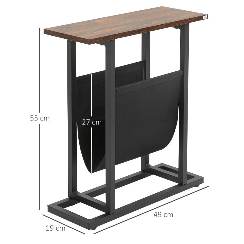 HOMCOM bijzettafel, nachtkastje, smal design, met stoffen vak, staal, donkerbruin+zwart, 49 x 19 x 55 cm(m-3)