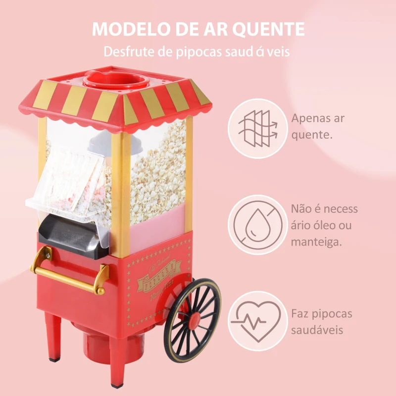 HOMCOM Máquina de Pipocas Máquina de Fazer Pipocas Estilo Vintage Portátil 1200W 22x19239cm Vermelha
