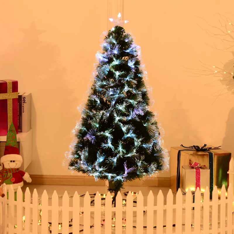 HOMCOM 4FT Multicoloured Artificial Christmas Tree w/ Fibre Optic Lights Pre-Lit Modes Metal Stand Star Holder Home Seasonal Decoration